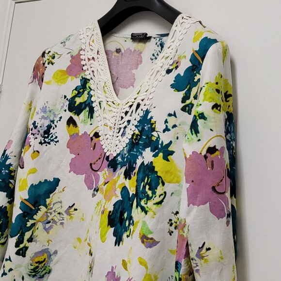 Premise Womens Top Large Linen Blend Boho Floral Lace Accent Coastal Cottagecore - Picture 7 of 14